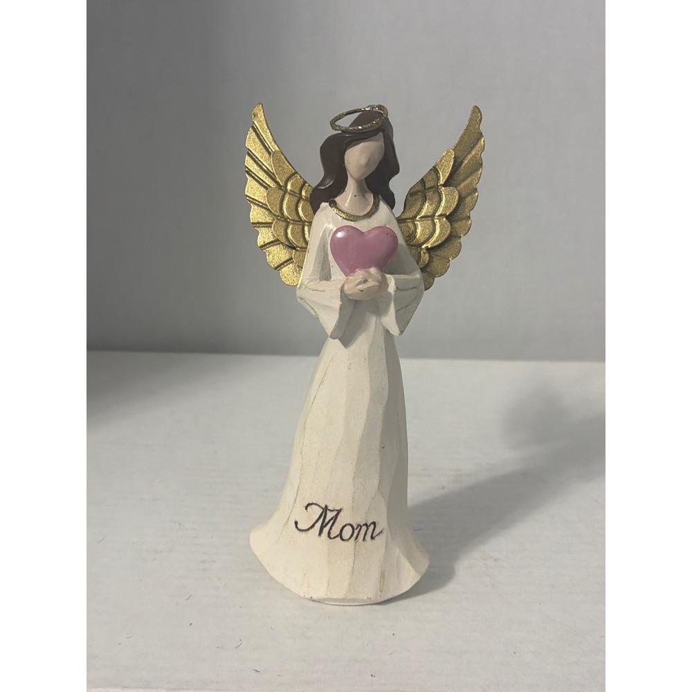 Mom Guardian Angel Figurine Gold Wings Pink Heart Wood Look Resin Statue